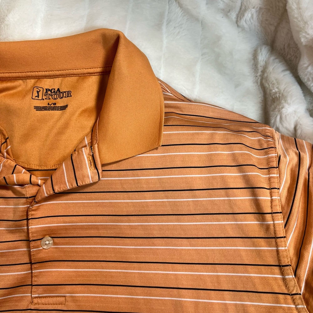 PGA Tour Men’s L Orange White Striped Preppy Golf Summer Polo Classic Fall City